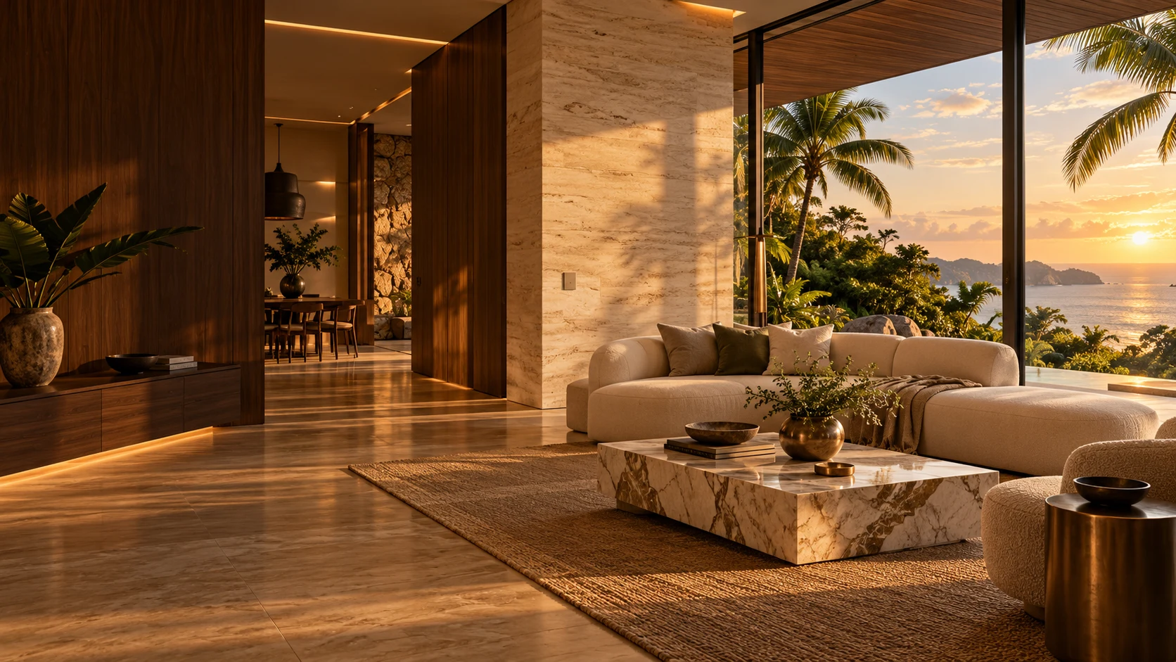 Illustrative contemporary tropical living room with warm architectural lighting